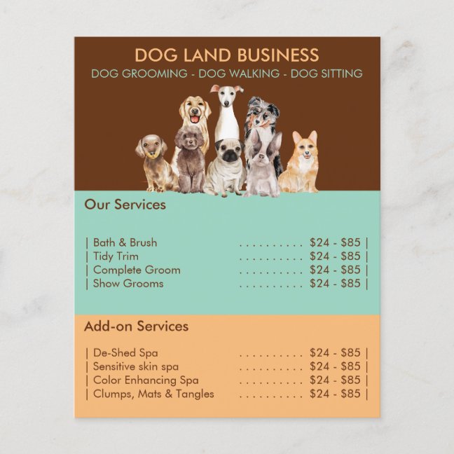 Price List for Dog Grooming brown green yellow Flyer