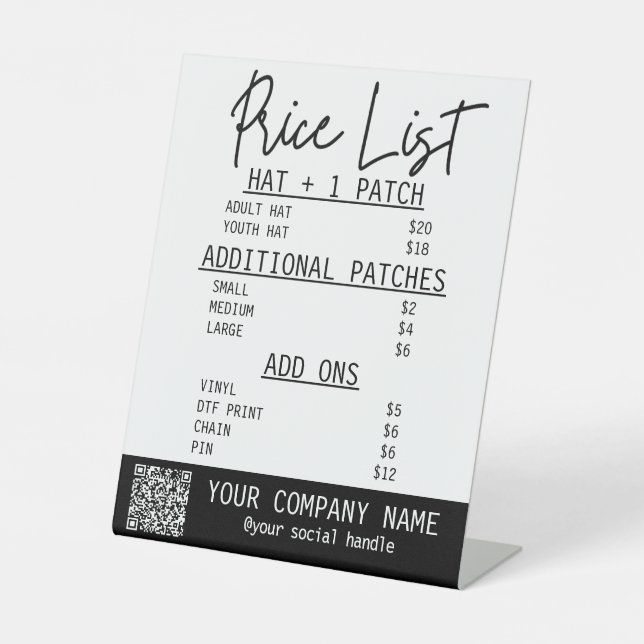 Price list for trucker hat bar pedestal sign (Front)