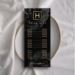 Price List | Gold Monogram Elegant Dark Floral Rack Card