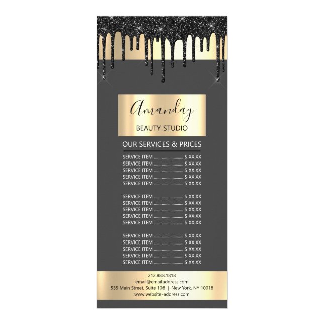 Price List Hair Makeup Lash Nail Gold Drip Gray Rack Card (Back)