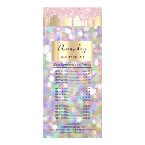 Price List Hair Makeup Lashes Nail Pink Holograph Rack Card