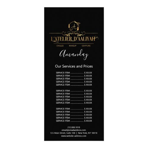 Price List Hair Makeup Lashes Nail Wax Logo Black  Rack Card