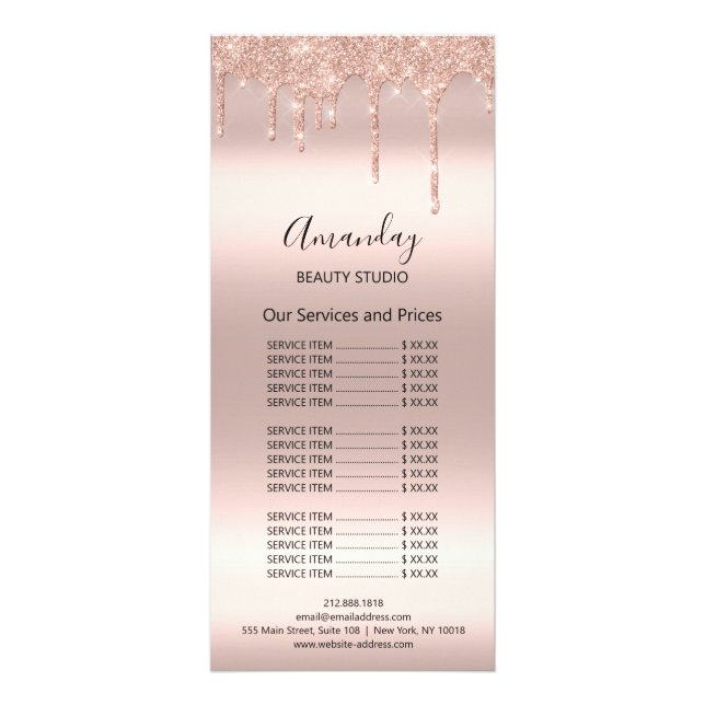 Price List Hair Makeup Lashes Nail Wax Rose Drips Rack Card (Front)