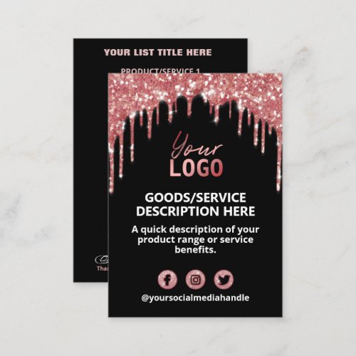 Price List Ingredients Rose Gold GlitterDrips Business Card