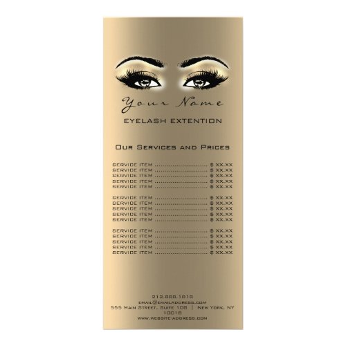 Price List Lashes Extension Makeup Artist Gold Rack Card