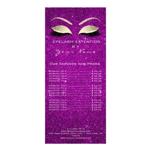 Price List Lashes Extension Makeup Fuchsia Gold Rack Card