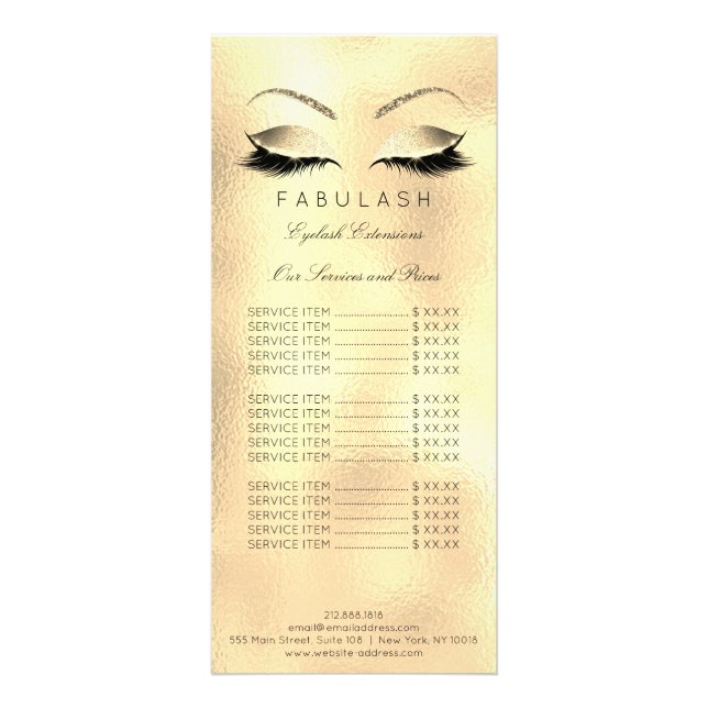 Price List Lashes Extention Gold Makeup Beauty Sal Rack Card (Front)