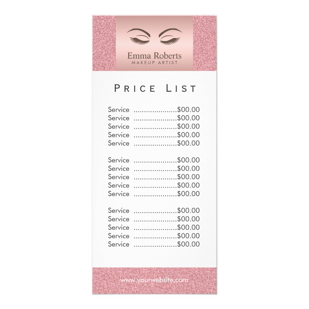 Price List Makeup Artist Beauty Girl Rose Gold Rack Card Zazzle
