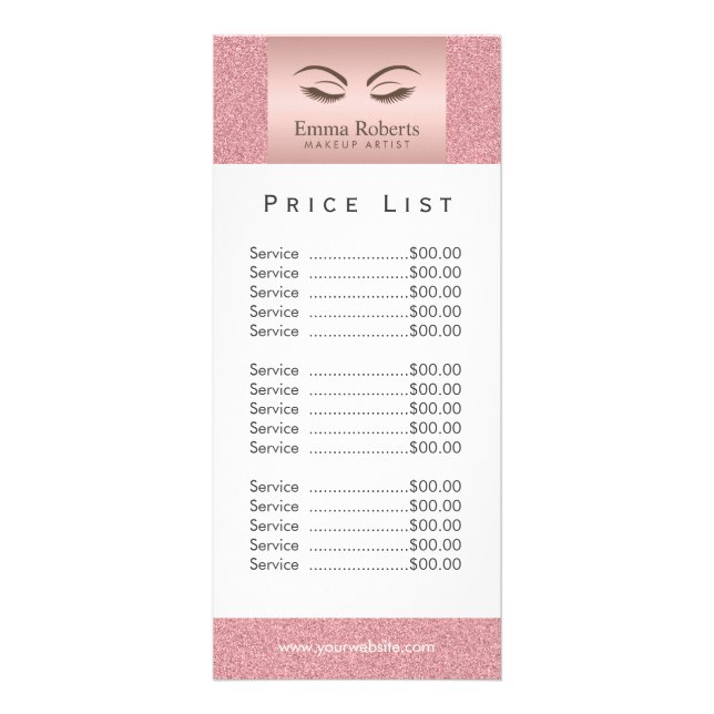 Price List | Makeup Artist Beauty Girl Rose Gold Rack Card (Front)