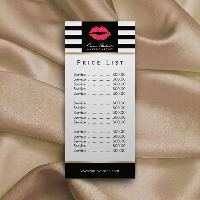 Price List | Makeup Artist Red Lips Modern Stripes Rack Card (Creator Uploaded)