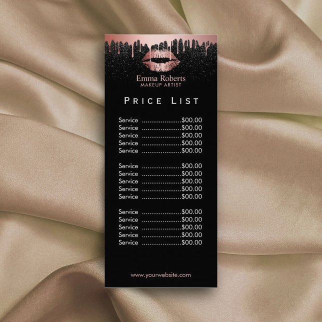 Price List | Makeup Artist Rose Gold Glitter Lips Rack Card (Creator Uploaded)