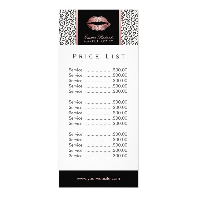 Price List | Makeup Artist Rose Gold Lips Leopard Rack Card (Back)