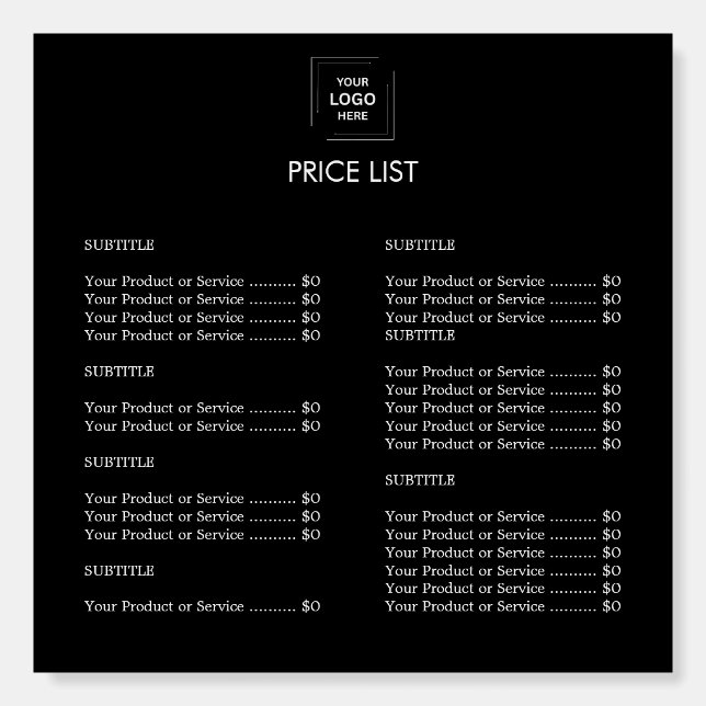 Price List | Modern Black Business Logo Foam Board (Front)