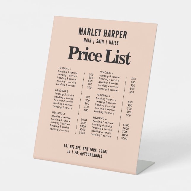 Price List Modern Chic Bold Simple Business Menu Pedestal Sign (Front)