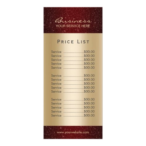 Price List  Modern Red  Gold Beauty Salon Spa Rack Card