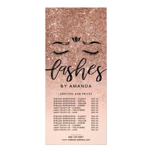 Price List Rose Gold Glitter Ombre Lashes Rack Card