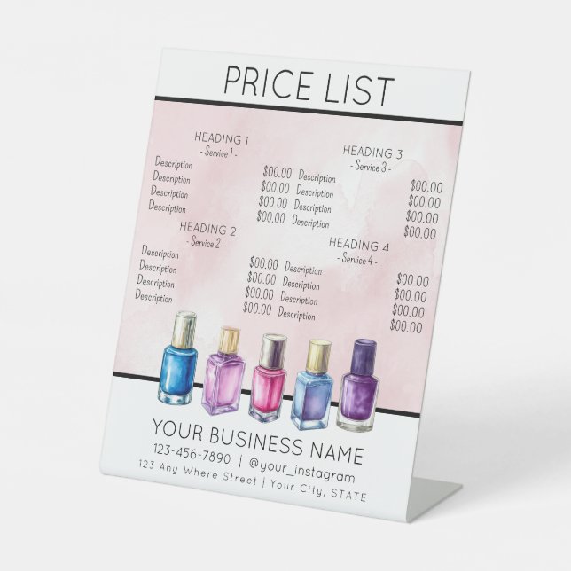Price list service menu Nail salon nailpolish Pedestal Sign (Front)
