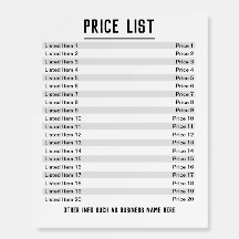 Price List. Up to 20 items & Prices on a Foam Boar