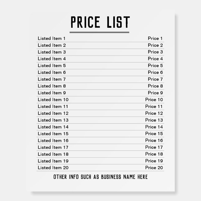 Price List. Up to 20 items & Prices on a Foam Board (Front)