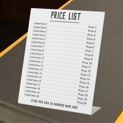 Price List Up to 20 items  Prices on a Pedestal Sign