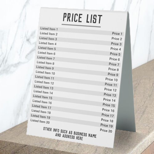 Price List Up to 40 items  Prices Double_Sided Table Tent Sign