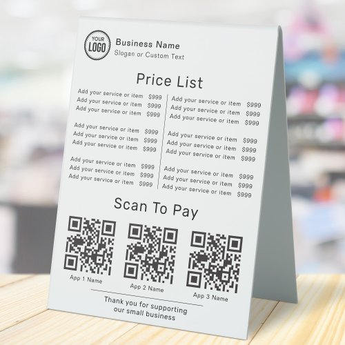 Price List With Business Logo QR Code Scan To Pay Table Tent Sign