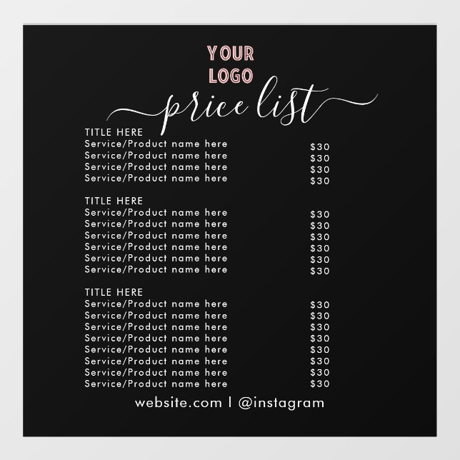 PRICE LISTs| Business Logo Opening Hours Window Cling (Sheet)