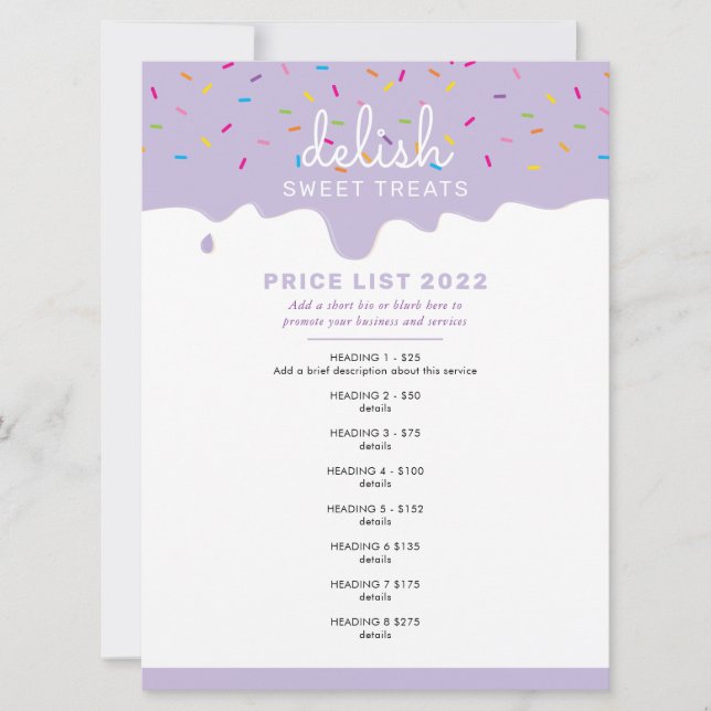 PRICE SERVICE LIST frosting drip sprinkles purple Invitation (Front)