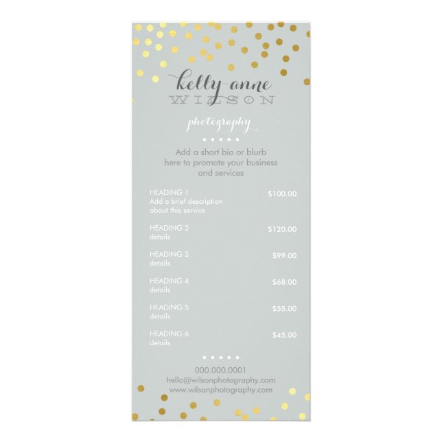PRICE SERVICES LIST gold confetti pattern gray Rack Card (Front)