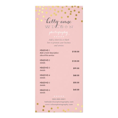 PRICE SERVICES LIST gold confetti pattern pink Rack Card