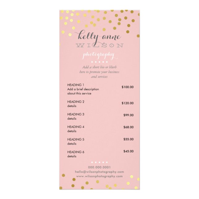PRICE SERVICES LIST gold confetti pattern pink Rack Card (Front)
