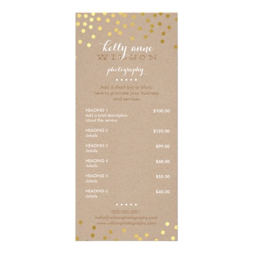 PRICE SERVICES LIST gold foil confetti white kraft Rack Card