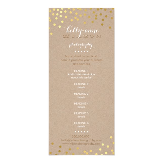 PRICE SERVICES LIST gold foil confetti white kraft Rack Card (Front)