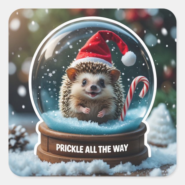 Prickle All the Way – Cute Hedgehog in Snow Globe  Square Sticker (Front)