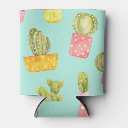 Prickly cacti in pots watercolor pattern can cooler
