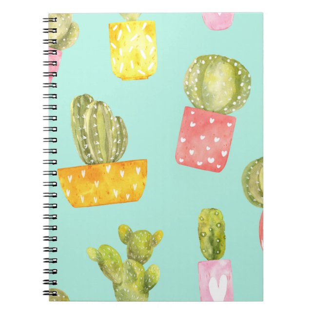Prickly cacti in pots, watercolor pattern. notebook (Front)