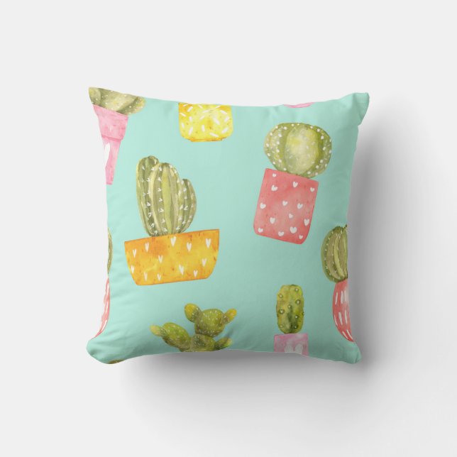 Prickly cacti in pots, watercolor pattern. throw pillow (Front)
