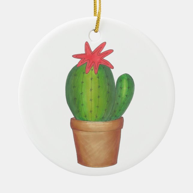 Prickly Green Cactus Flower Potted Plant Garden Ceramic Ornament (Front)