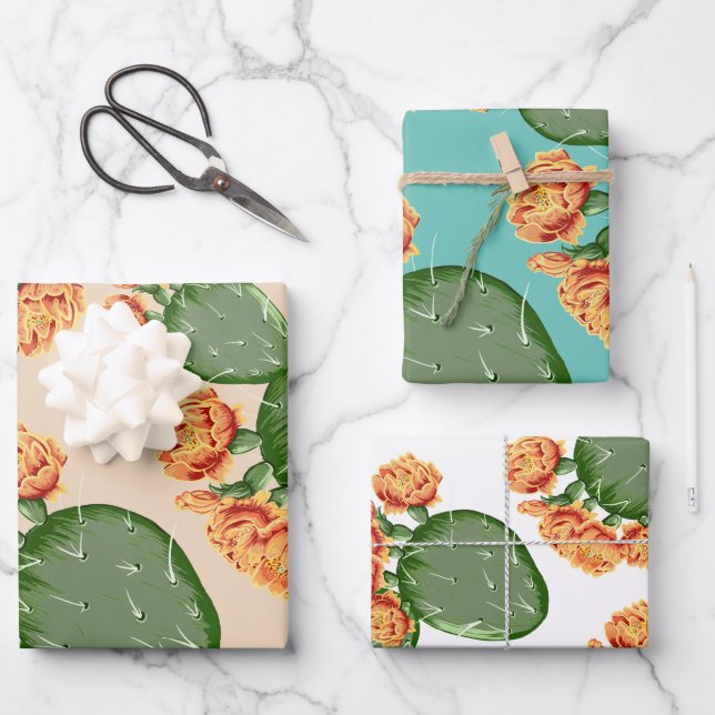 Prickly Pear Cactus & Blossoms Wrapping Paper Sheets (Front)