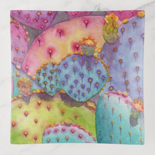 Prickly Pear Cactus Earrings Jewelry Trinket Tray (Front)