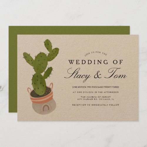 Prickly Pear Cactus Hand Drawn Wedding Earthy Invitation