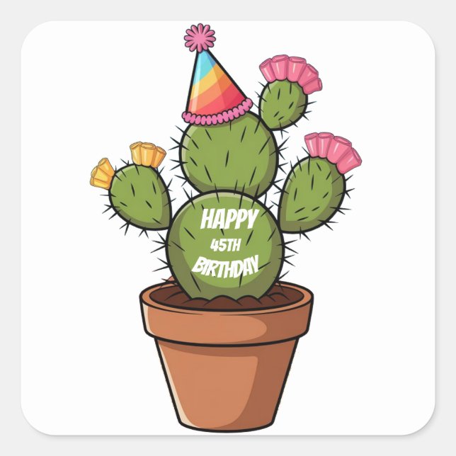 prickly pear cactus in clay pot & birthday hat square sticker (Front)