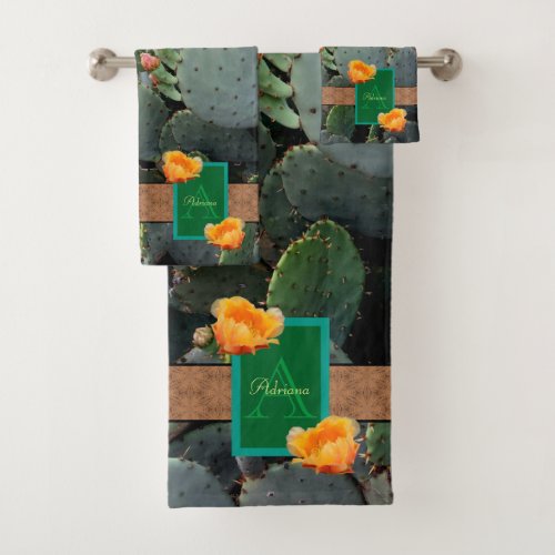 Prickly Pear Cactus  Orange Flowers  Monogram  Bath Towel Set