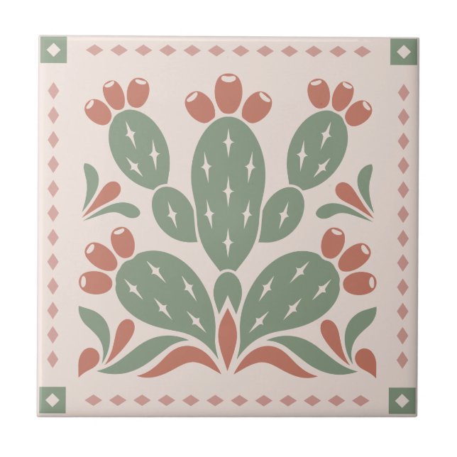 Prickly Pear Cactus - Southwest Folk Pattern Ceramic Tile (Front)