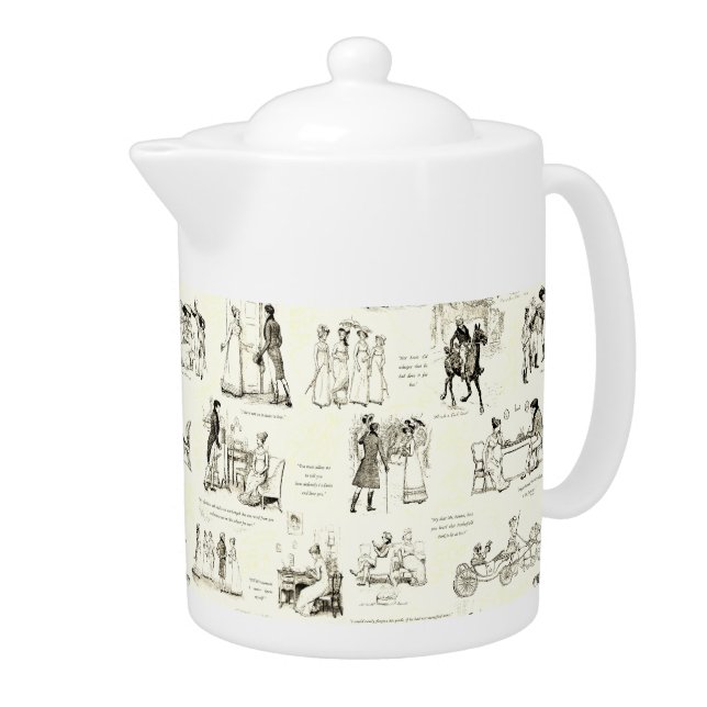 Pride and Prejudice Beige Brown Toile Quotes Teapot (Right)
