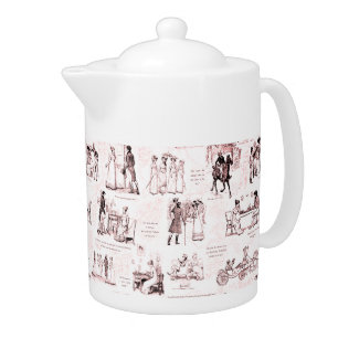 Pride and Prejudice Beige Burgundy Toile Quotes Teapot