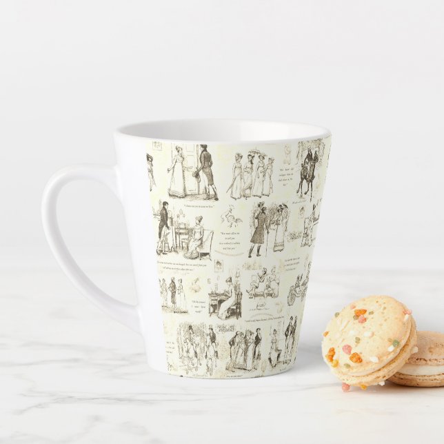 Pride and Prejudice Beige Cream Toile Quotes Latte Mug (In Situ)