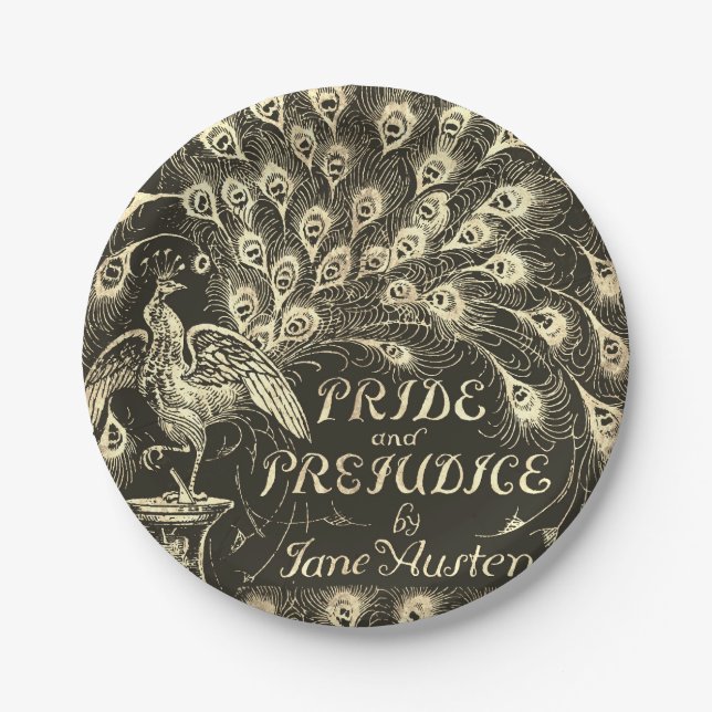 Pride and Prejudice Beige Gold Peacock Book Cover Paper Plates (Front)