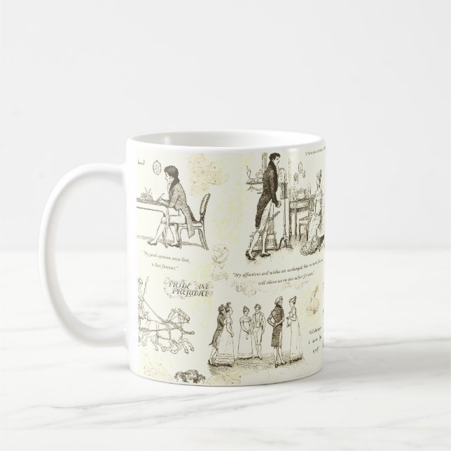 Pride and Prejudice Beige Sepia Toile Quotes Coffee Mug (Left)
