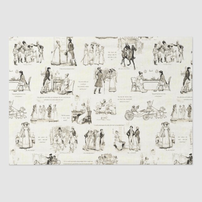 Pride and Prejudice Beige Sepia Toile Quotes Tissue Paper (Front)